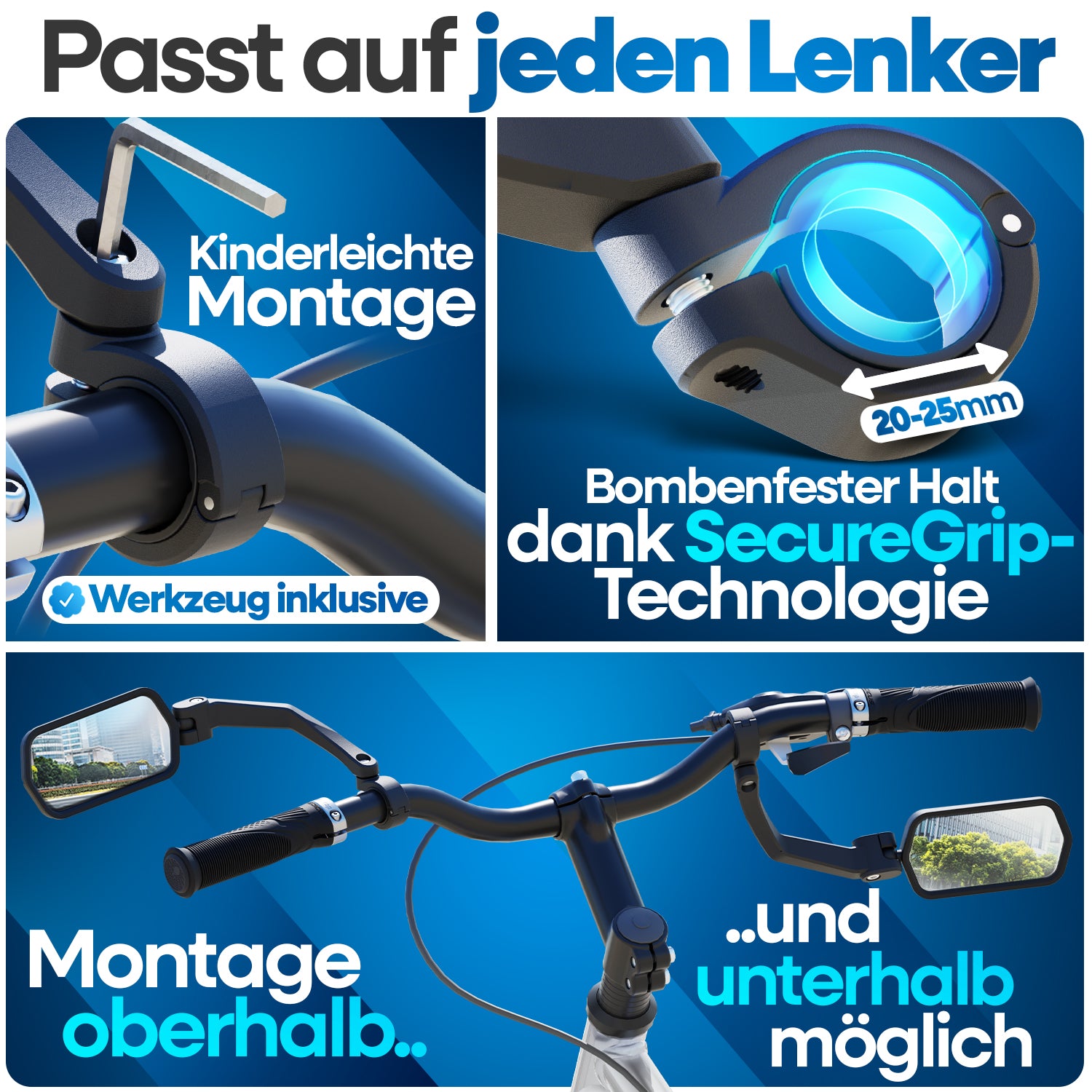 Nextcover Fahrradspiegel mit SecureGrip-Technologie, passend für alle Lenker (20–25 mm), kinderleichte Montage ober- oder unterhalb des Lenkers und inklusive Werkzeug für bombenfesten Halt.
