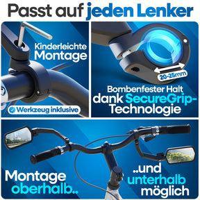 Nextcover Fahrradspiegel mit SecureGrip-Technologie, passend für alle Lenker (20–25 mm), kinderleichte Montage ober- oder unterhalb des Lenkers und inklusive Werkzeug für bombenfesten Halt.