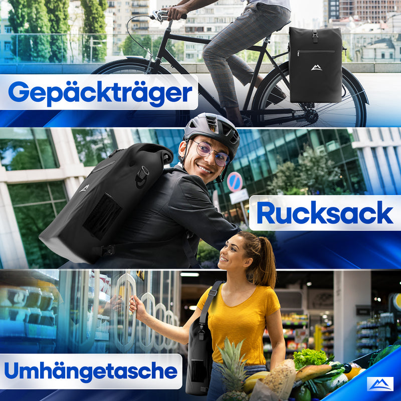 Multifunktionale 3-in-1 TPU Fahrradtasche von Nextcover – als Gepäckträgertasche, Rucksack oder Umhängetasche nutzbar, ideal für Alltag, Pendeln und Einkäufe.