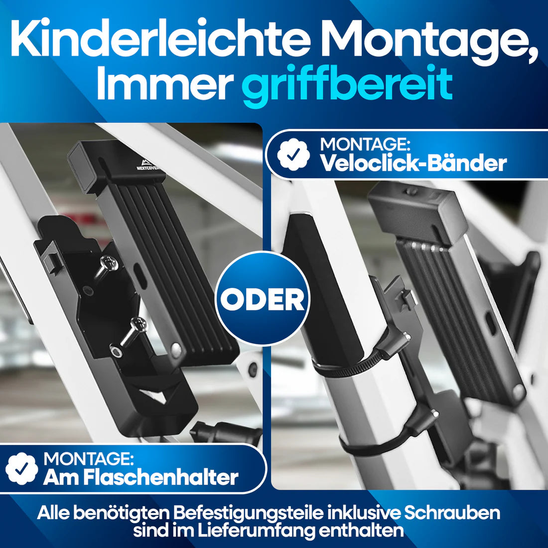 Nextcover Faltschloss mit kinderleichter Montage am Flaschenhalter oder per Veloclick-Bänder, immer griffbereit und inklusive aller Befestigungsteile.