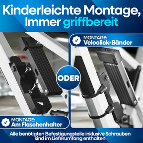 Nextcover Faltschloss mit kinderleichter Montage am Flaschenhalter oder per Veloclick-Bänder, immer griffbereit und inklusive aller Befestigungsteile.