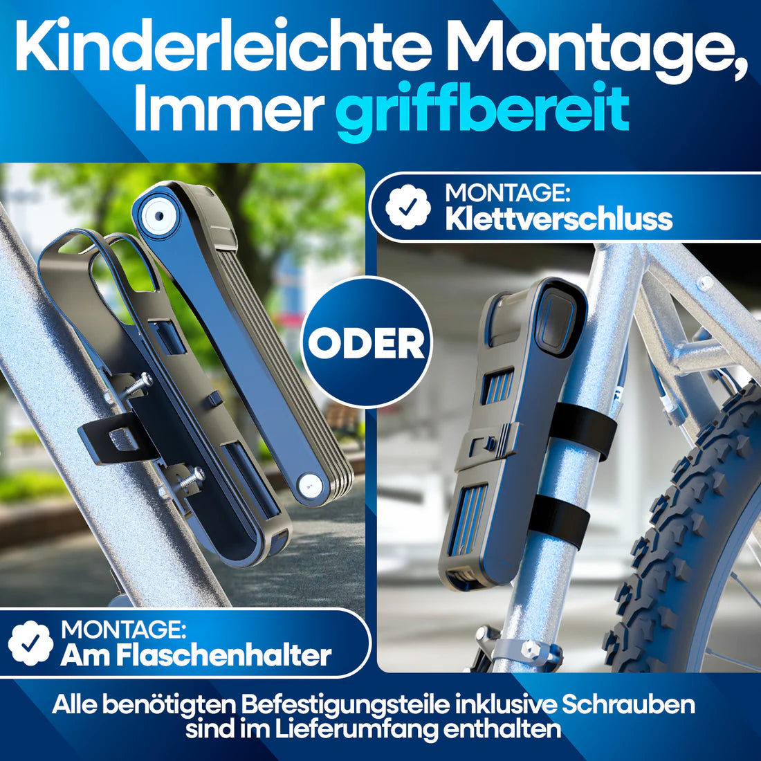 Nextcover Faltschloss mit kinderleichter Montage am Flaschenhalter oder per Klettverschluss, inklusive Schrauben für stets griffbereiten Diebstahlschutz.