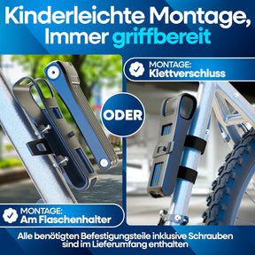 Nextcover Faltschloss mit kinderleichter Montage am Flaschenhalter oder per Klettverschluss, inklusive Schrauben für stets griffbereiten Diebstahlschutz.