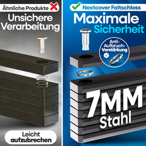 Vergleich der Verarbeitung von Fahrradschlössern – das FoldBasic Faltschloss von Nextcover mit 7 mm starkem Stahl und Anti-Aufbruch-Verstärkung für maximale Sicherheit vs. unsaubere Verarbeitung bei herkömmlichen Schlössern.