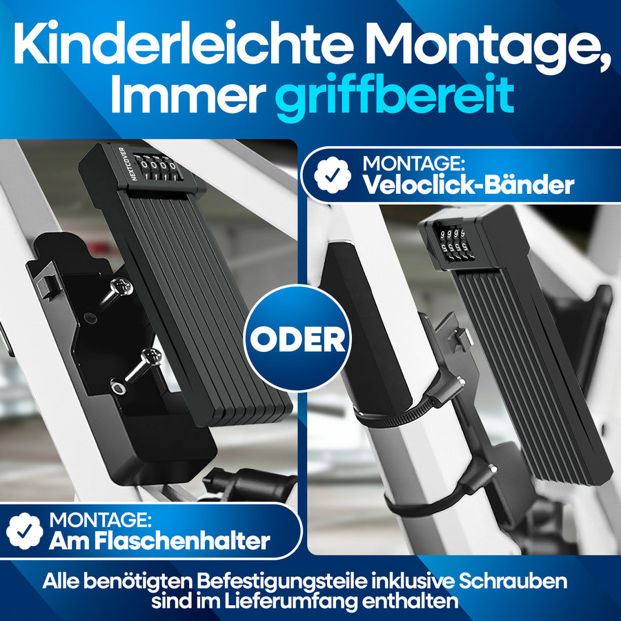 Nextcover Faltschloss mit kinderleichter Montage am Flaschenhalter oder per Veloclick-Bänder, immer griffbereit und inklusive aller Befestigungsteile.