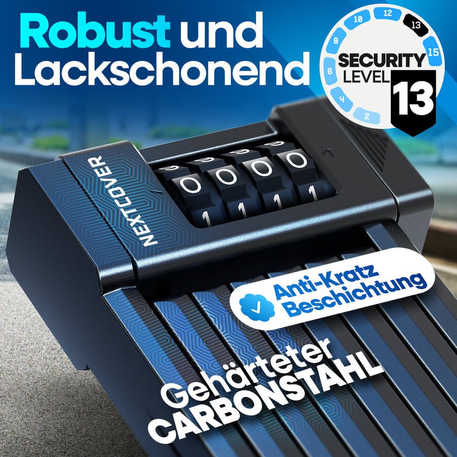 Nextcover Faltschloss aus gehärtetem Carbonstahl mit Anti-Kratz-Beschichtung und Security Level 13 für robusten, lackschonenden Diebstahlschutz.
