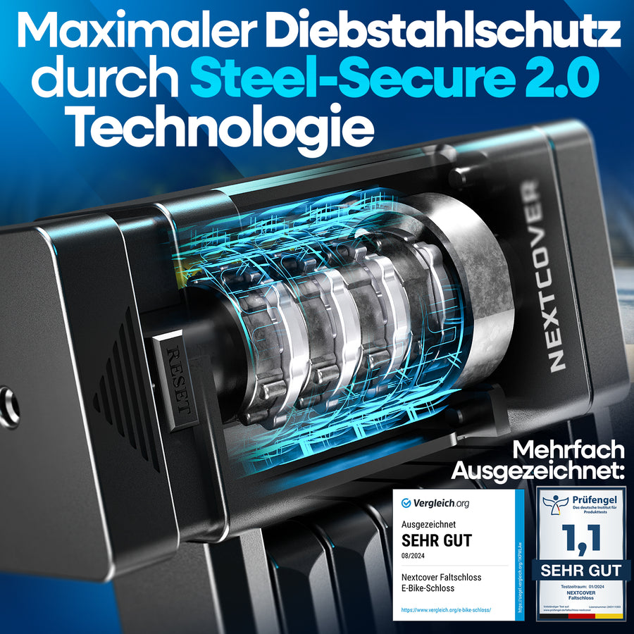 Nahaufnahme des Nextcover FoldOne Combinationlock Faltschlosses mit patentierter Steel-Secure 2.0 Technologie, Bohrschutzplatte und Präzisions-Pins für maximalen Diebstahlschutz – mehrfach ausgezeichnet mit der Note „Sehr Gut“ für E-Bikes und Fahrräder.