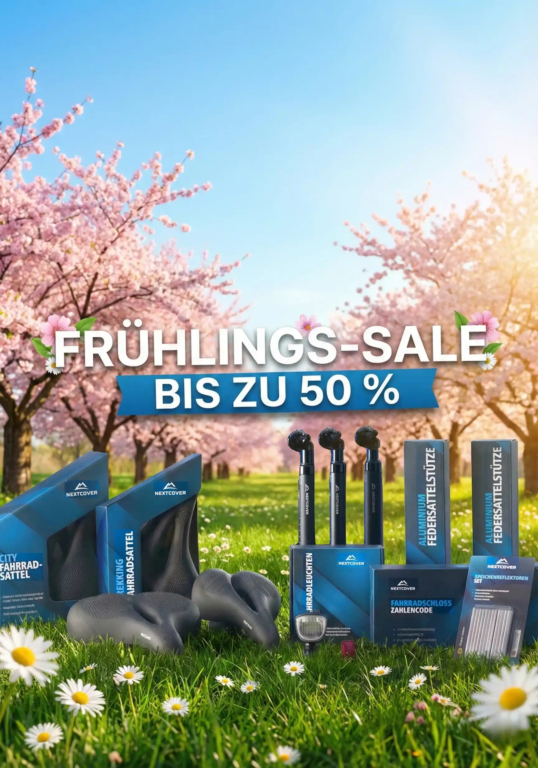 Nextcover Frühlings-Sale: Bis zu 50% Rabatt – Perfektes Fahrradzubehör für den Winter, darunter Fahrradsättel, Federsattelstützen, Beleuchtung und Schlösser.