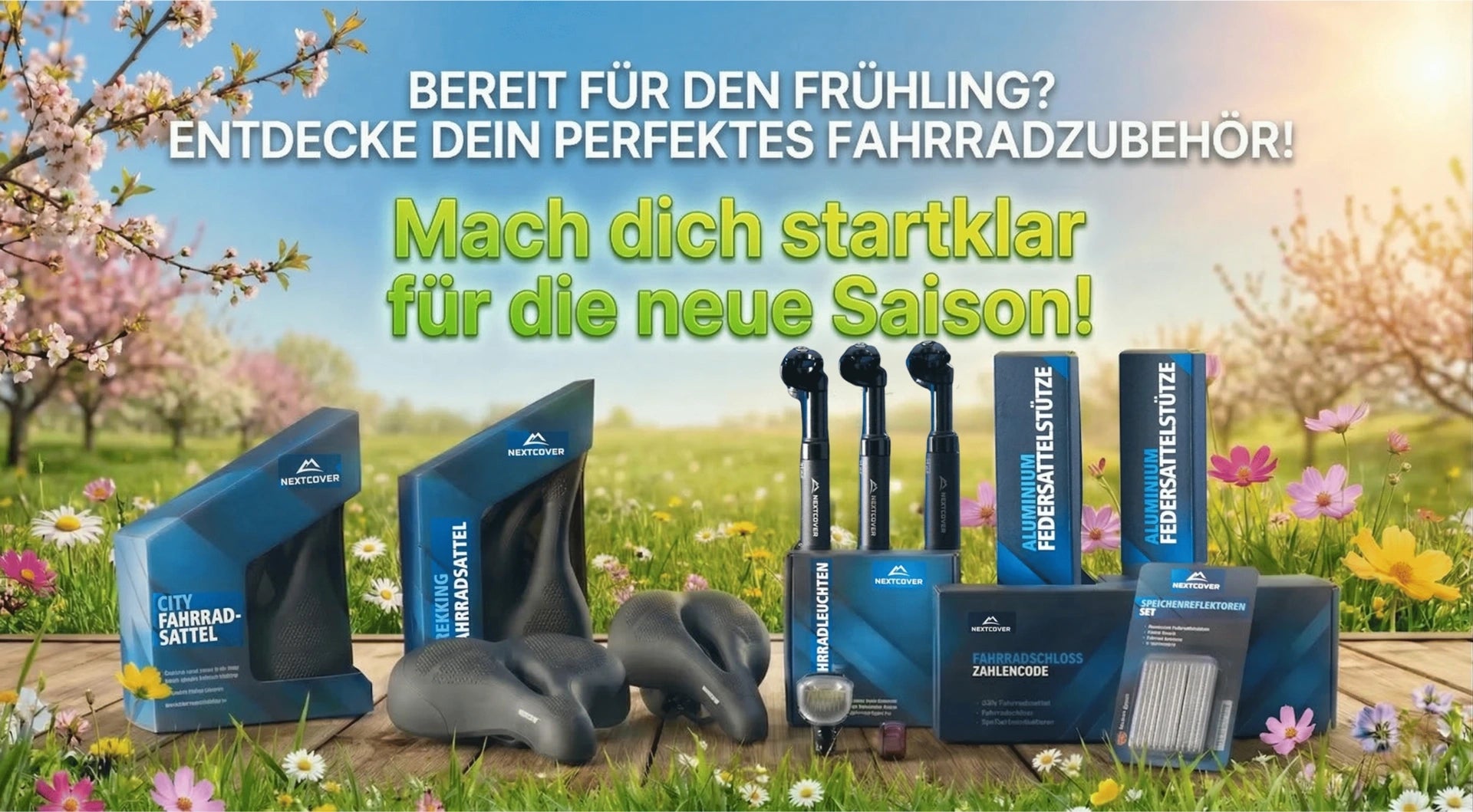 Nextcover Frühlings-Saison. Perfektes Fahrradzubehör für den Winter, darunter Fahrradsättel, Federsattelstützen, Beleuchtung und Schlösser.