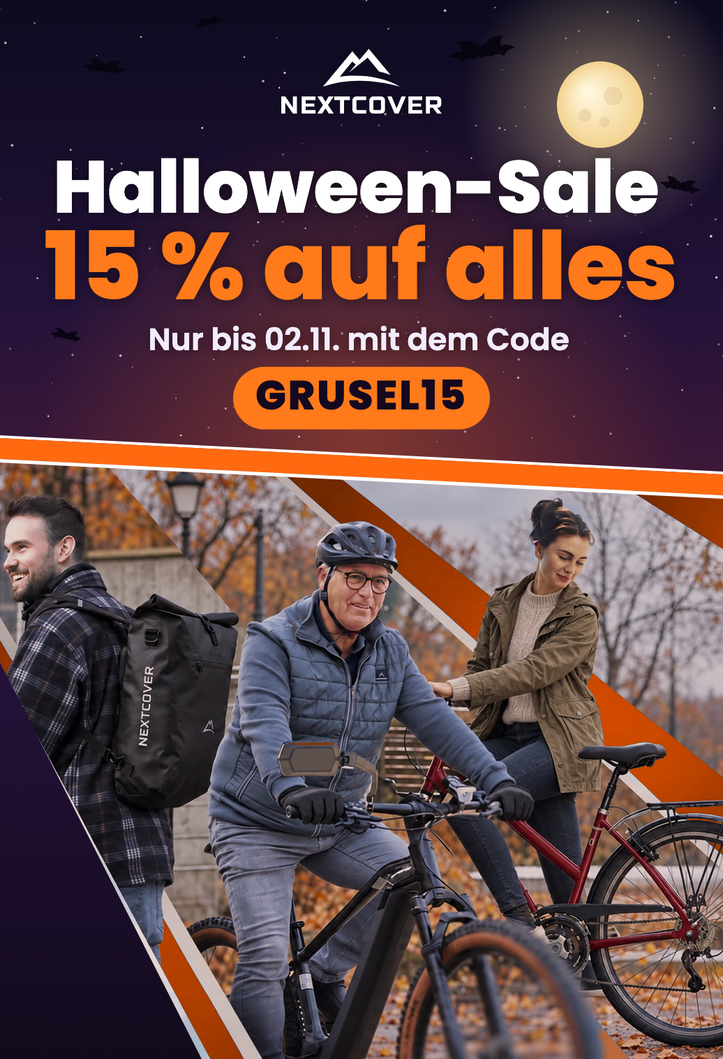 Nextcover Halloween-Sale: 15 % auf alles mit dem Code GRUSEL15 bis 02.11., Radfahrer im Herbst mit Fahrradrucksack und Handschuhen