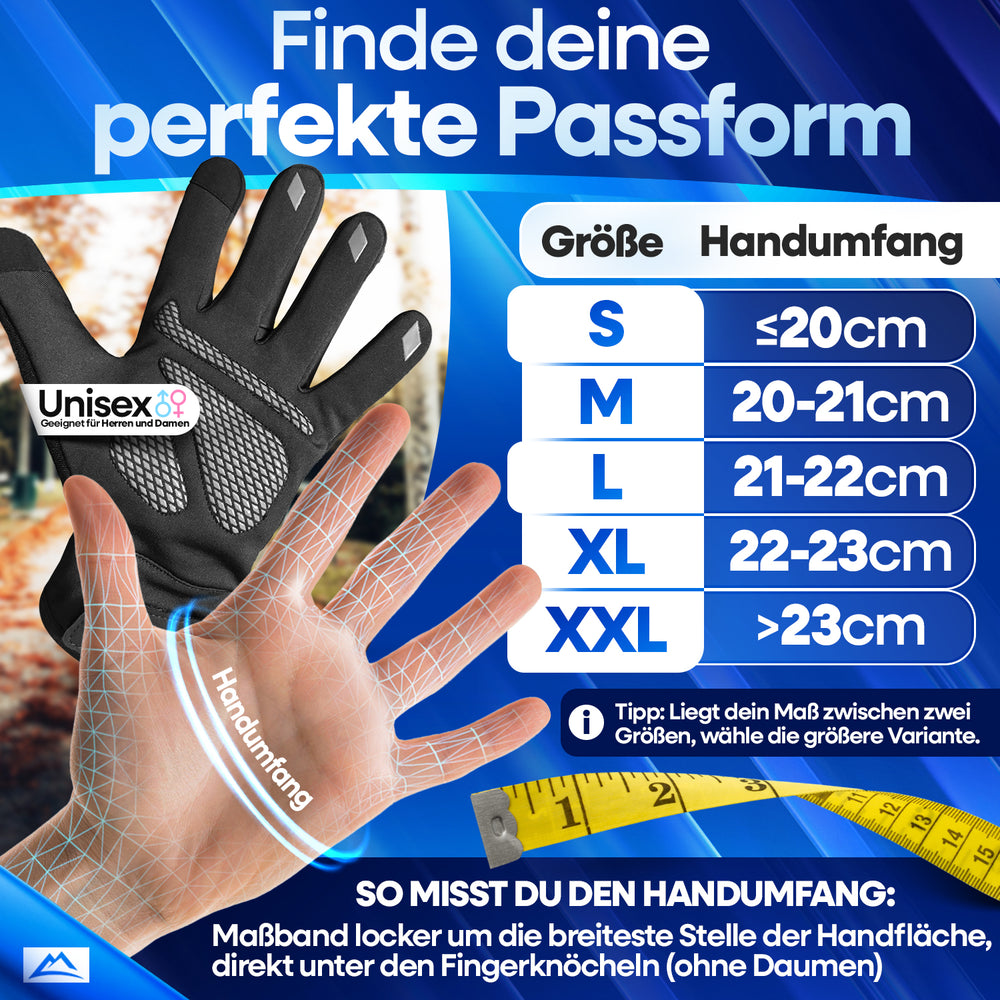 Größentabelle für Nextcover Premium Thermo Fahrrad Handschuhe: Anleitung zum Messen des Handumfangs für die perfekte Passform in den Größen S, M, L, XL und XXL – Unisex-Modell für Herren & Damen.