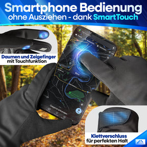 Nextcover Premium Thermo Fahrrad Handschuhe mit SmartTouch: Smartphone-Bedienung dank Touchfunktion an Daumen und Zeigefinger sowie Klettverschluss für perfekten Halt am Handgelenk.