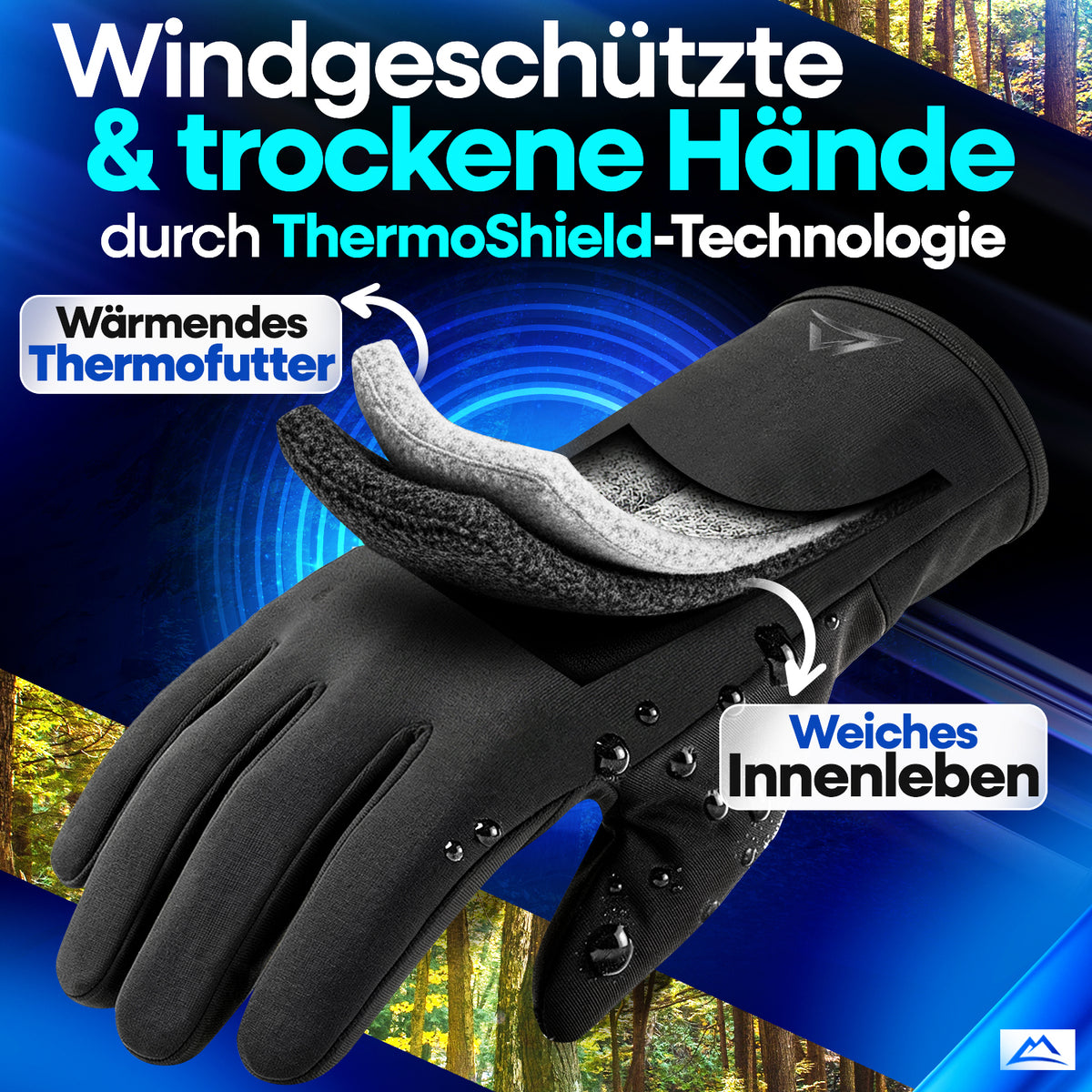 Schichtaufbau der Nextcover Premium Thermo Fahrrad Handschuhe mit ThermoShield-Technologie, wärmendem Thermofutter und weichem Innenleben für windgeschützte und trockene Hände.