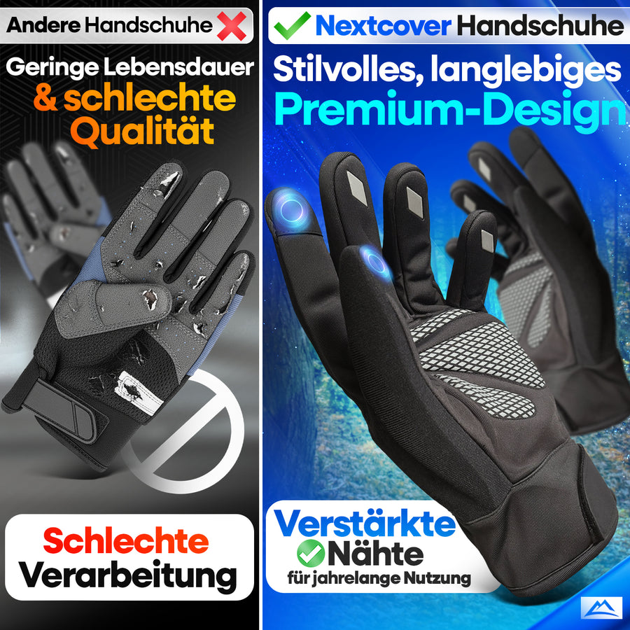 Nextcover Premium Thermo Fahrrad Handschuhe im Qualitätsvergleich: Stilvolles, langlebiges Premium-Design mit verstärkten Nähten für jahrelange Nutzung im Gegensatz zu herkömmlichen Handschuhen.