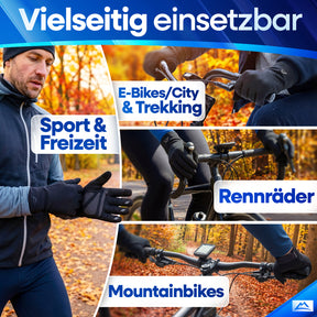 Vielseitige Nextcover Premium Thermo Fahrrad Handschuhe im Einsatz: Ideal für E-Bikes, City- & Trekkingräder, Rennräder und Mountainbikes sowie für Sport & Freizeit im Herbst und Winter.