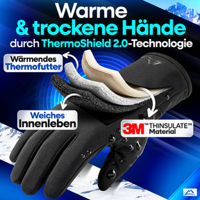 Schichtaufbau der Nextcover Premium Thermo Fahrrad Handschuhe mit ThermoShield-Technologie, wärmendem Thermofutter, 3M Thinsulate Material und weichem Innenleben für windgeschützte und trockene Hände.