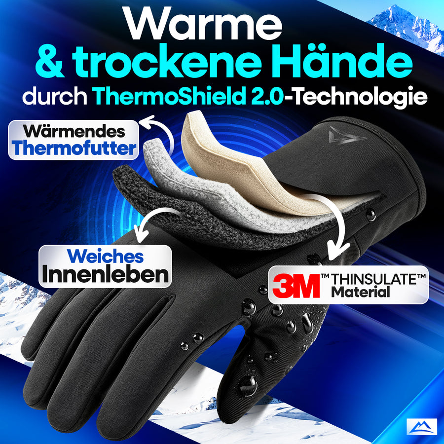 Schichtaufbau der Nextcover Premium Thermo Fahrrad Handschuhe mit ThermoShield-Technologie, wärmendem Thermofutter, 3M Thinsulate Material und weichem Innenleben für windgeschützte und trockene Hände.