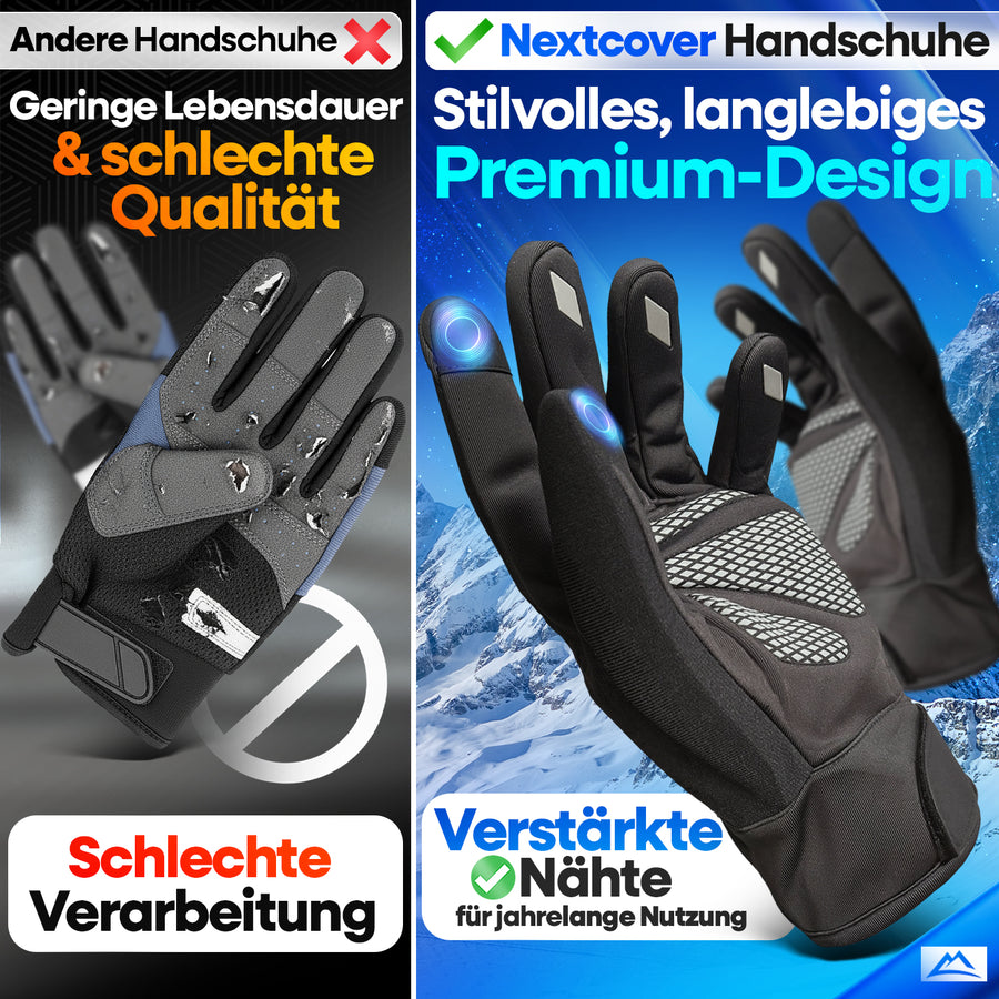 Nextcover Premium Thermo Fahrrad Handschuhe im Qualitätsvergleich: Stilvolles, langlebiges Premium-Design mit verstärkten Nähten für jahrelange Nutzung im Gegensatz zu herkömmlichen Handschuhen.