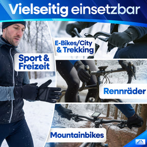 Vielseitige Nextcover Premium Thermo Fahrrad Handschuhe im Einsatz: Ideal für E-Bikes, City- & Trekkingräder, Rennräder und Mountainbikes sowie für Sport & Freizeit im Herbst und Winter.