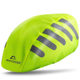 Neongrüner Nextcover Helmüberzug mit reflektierenden Streifen und wasserabweisender Beschichtung, ideal für verbesserte Sichtbarkeit und Regenschutz beim Radfahren.