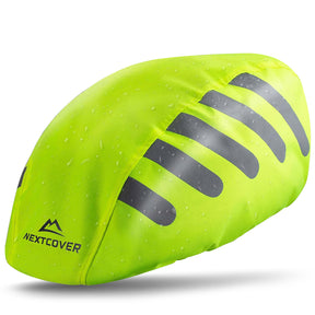 Neongrüner Nextcover Helmüberzug mit reflektierenden Streifen und wasserabweisender Beschichtung, ideal für verbesserte Sichtbarkeit und Regenschutz beim Radfahren.