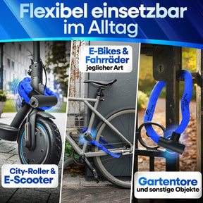 Flexibles Nextcover Kettenschloss im Alltag: Sicherer Diebstahlschutz für E-Scooter, City-Roller, E-Bikes und Fahrräder jeglicher Art sowie Gartentore und sonstige Objekte.