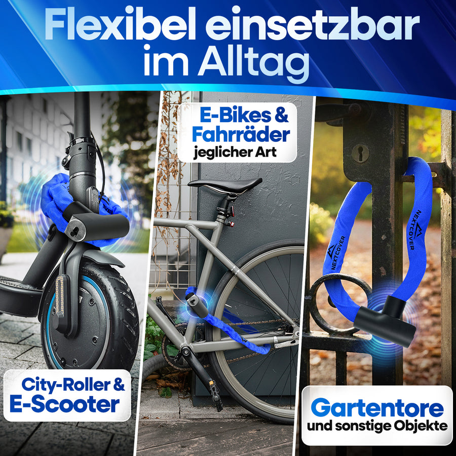 Flexibles Nextcover Kettenschloss im Alltag: Sicherer Diebstahlschutz für E-Scooter, City-Roller, E-Bikes und Fahrräder jeglicher Art sowie Gartentore und sonstige Objekte.