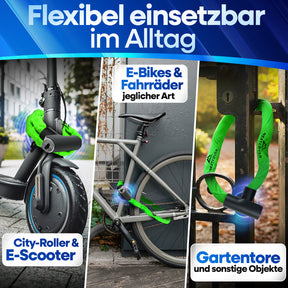 Flexibles Nextcover Kettenschloss im Alltag: Sicherer Diebstahlschutz für E-Scooter, City-Roller, E-Bikes und Fahrräder jeglicher Art sowie Gartentore und sonstige Objekte.