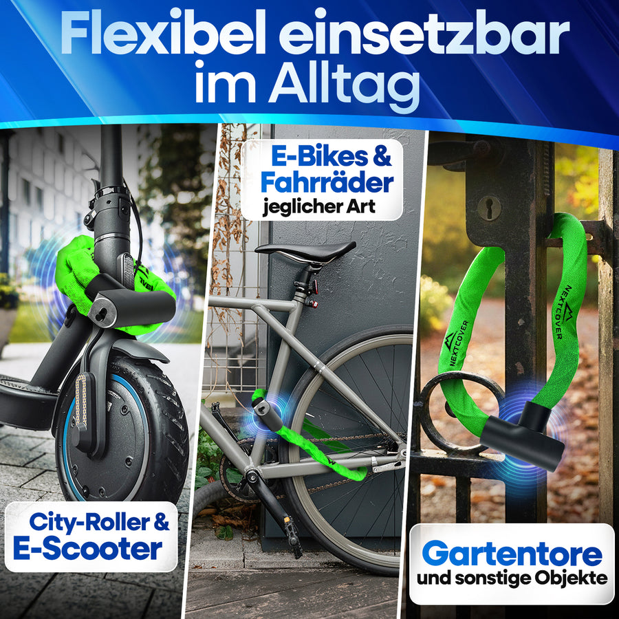 Flexibles Nextcover Kettenschloss im Alltag: Sicherer Diebstahlschutz für E-Scooter, City-Roller, E-Bikes und Fahrräder jeglicher Art sowie Gartentore und sonstige Objekte.