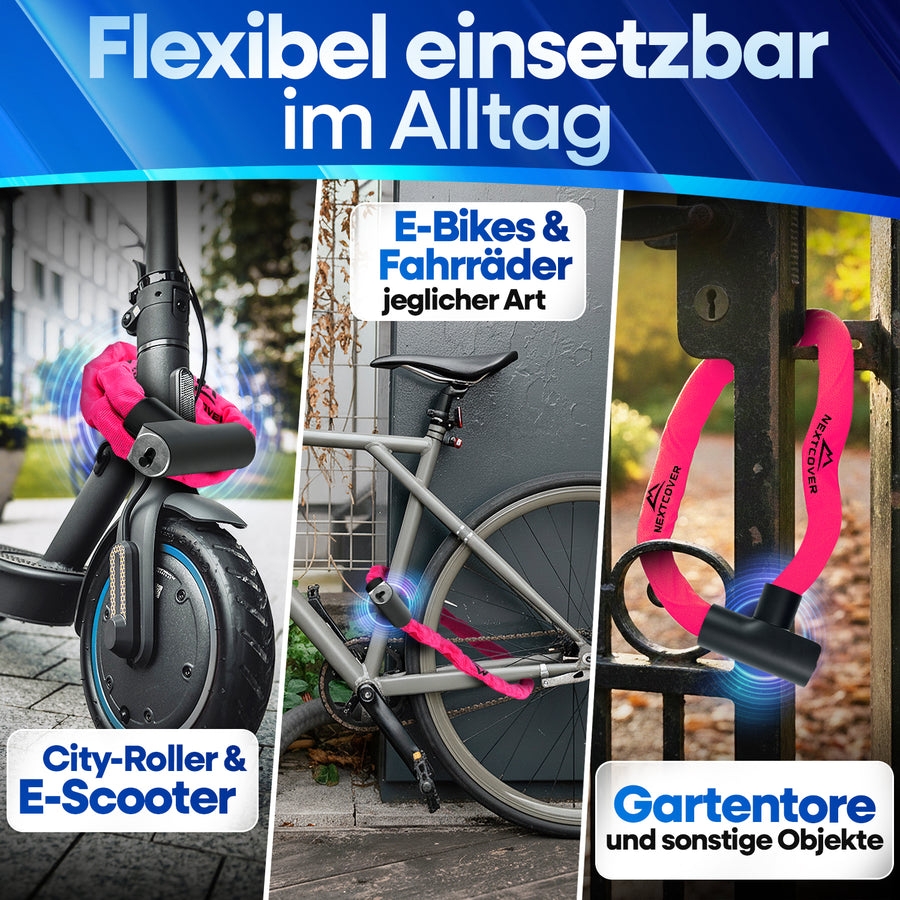 Flexibles Nextcover Kettenschloss im Alltag: Sicherer Diebstahlschutz für E-Scooter, City-Roller, E-Bikes und Fahrräder jeglicher Art sowie Gartentore und sonstige Objekte.