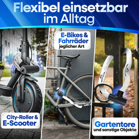 Flexibles Nextcover Kettenschloss im Alltag: Sicherer Diebstahlschutz für E-Scooter, City-Roller, E-Bikes und Fahrräder jeglicher Art sowie Gartentore und sonstige Objekte.
