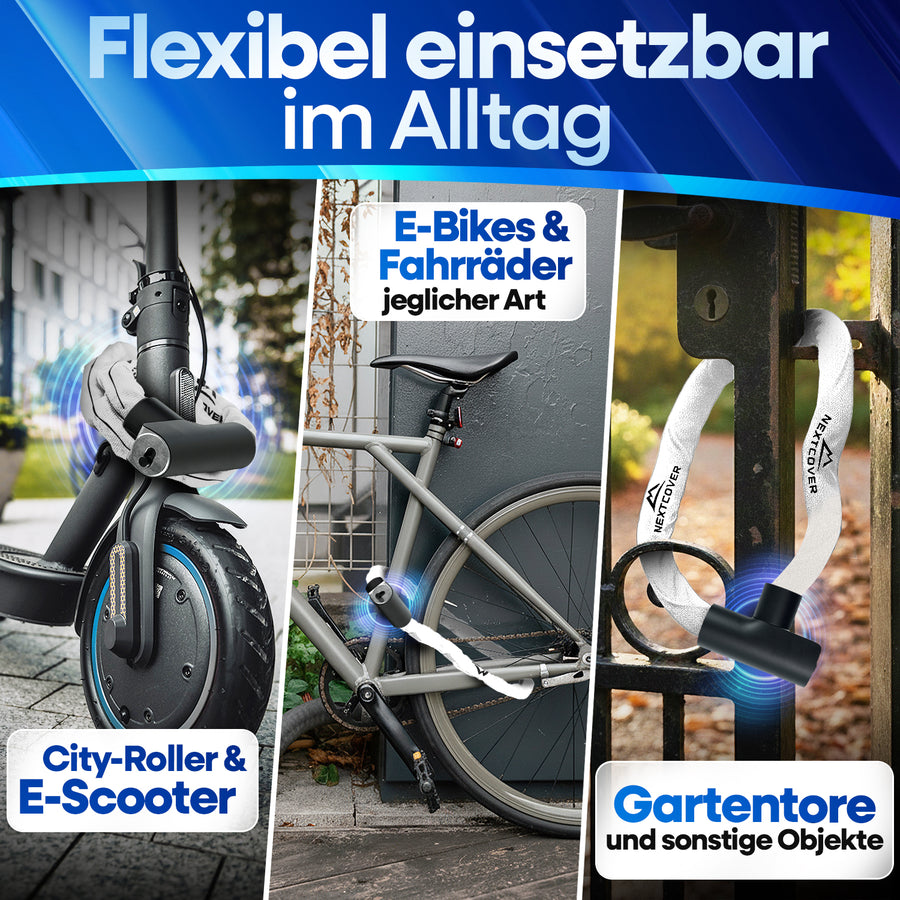 Flexibles Nextcover Kettenschloss im Alltag: Sicherer Diebstahlschutz für E-Scooter, City-Roller, E-Bikes und Fahrräder jeglicher Art sowie Gartentore und sonstige Objekte.