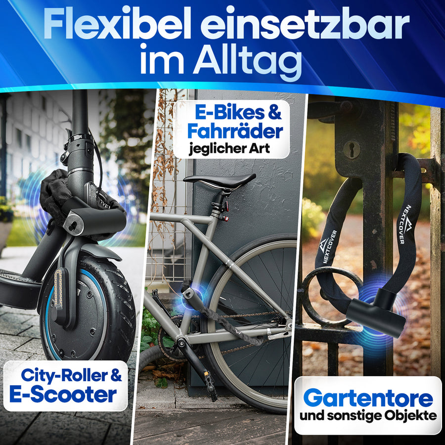 Flexibles Nextcover Kettenschloss im Alltag: Sicherer Diebstahlschutz für E-Scooter, City-Roller, E-Bikes und Fahrräder jeglicher Art sowie Gartentore und sonstige Objekte.