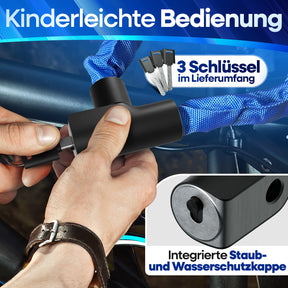 Nextcover Fahrrad-Kettenschloss in blau mit 3 Schlüsseln im Lieferumfang – Kinderleichte Bedienung und integrierte Staub- sowie Wasserschutzkappe für langlebigen Schließkomfort.