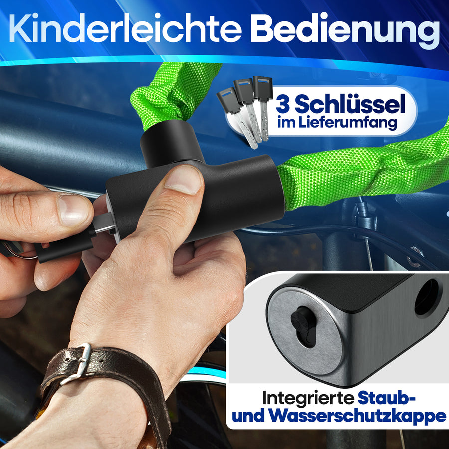 Nextcover Fahrrad-Kettenschloss in grün mit 3 Schlüsseln im Lieferumfang – Kinderleichte Bedienung und integrierte Staub- sowie Wasserschutzkappe für langlebigen Schließkomfort.