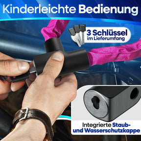 Nextcover Fahrrad-Kettenschloss in pink mit 3 Schlüsseln im Lieferumfang – Kinderleichte Bedienung und integrierte Staub- sowie Wasserschutzkappe für langlebigen Schließkomfort.