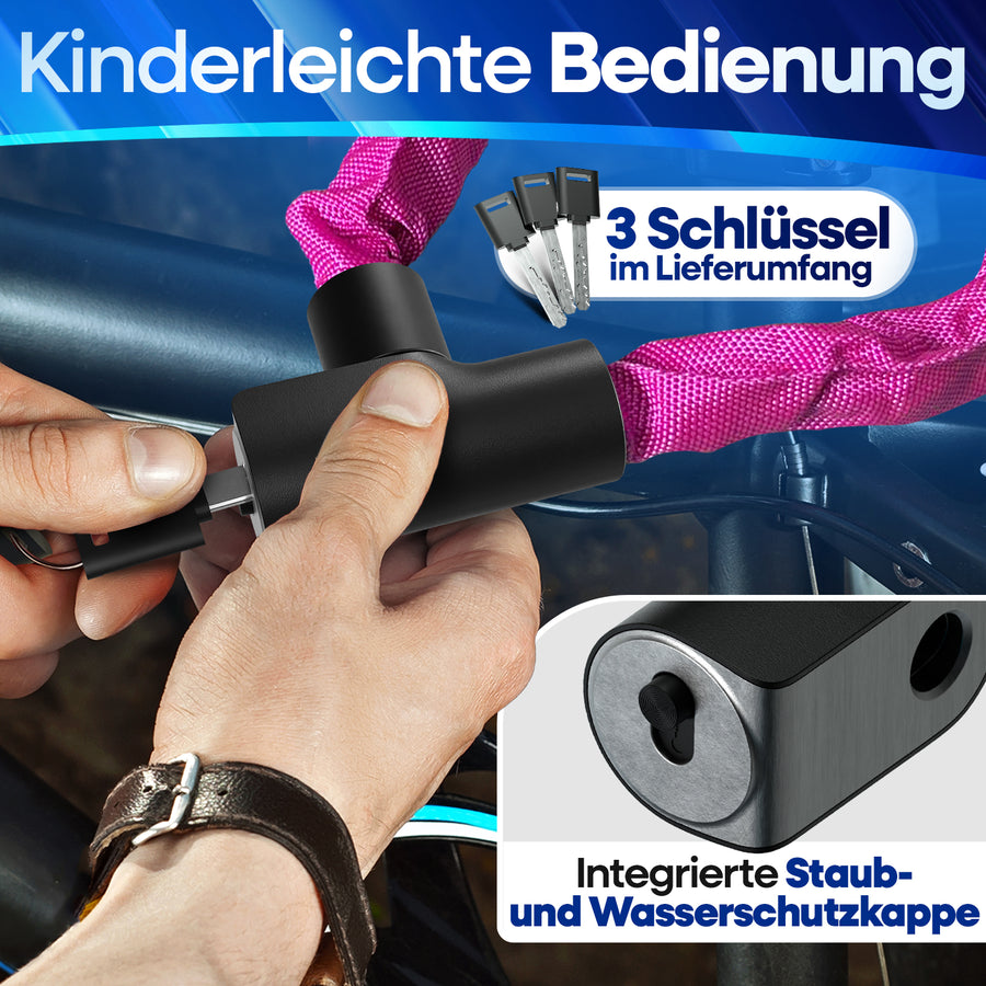 Nextcover Fahrrad-Kettenschloss in pink mit 3 Schlüsseln im Lieferumfang – Kinderleichte Bedienung und integrierte Staub- sowie Wasserschutzkappe für langlebigen Schließkomfort.