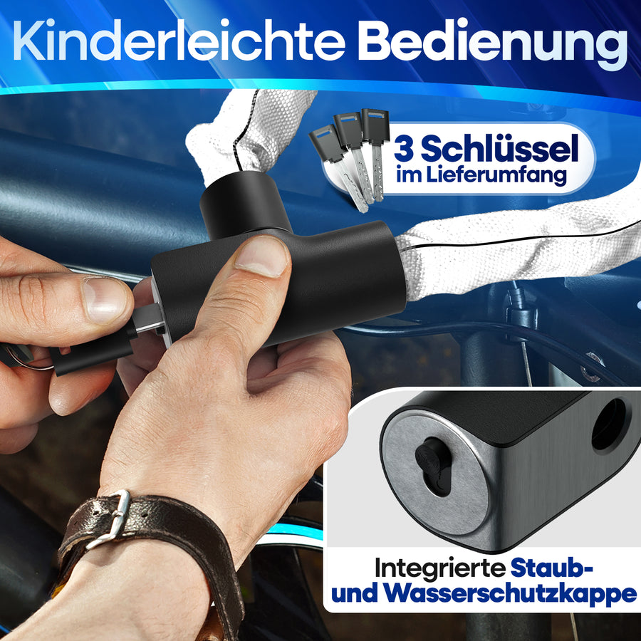 Nextcover Fahrrad-Kettenschloss in reflektierend mit 3 Schlüsseln im Lieferumfang – Kinderleichte Bedienung und integrierte Staub- sowie Wasserschutzkappe für langlebigen Schließkomfort.