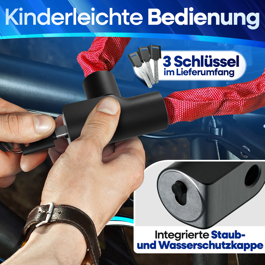 Nextcover Fahrrad-Kettenschloss in rot mit 3 Schlüsseln im Lieferumfang – Kinderleichte Bedienung und integrierte Staub- sowie Wasserschutzkappe für langlebigen Schließkomfort.