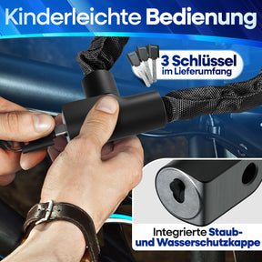 Nextcover Fahrrad-Kettenschloss in schwarz mit 3 Schlüsseln im Lieferumfang – Kinderleichte Bedienung und integrierte Staub- sowie Wasserschutzkappe für langlebigen Schließkomfort.