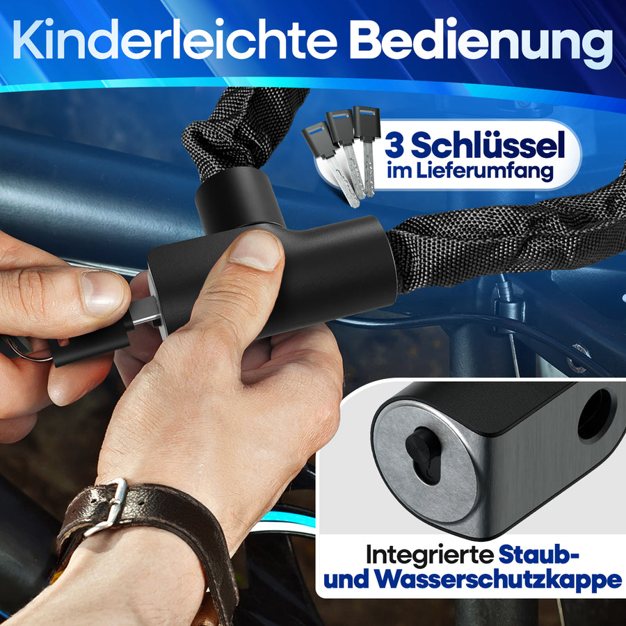 Nextcover Fahrrad-Kettenschloss in schwarz mit 3 Schlüsseln im Lieferumfang – Kinderleichte Bedienung und integrierte Staub- sowie Wasserschutzkappe für langlebigen Schließkomfort.