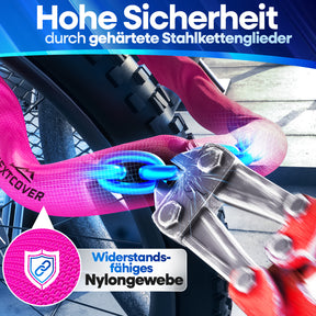 Sicheres Nextcover Kettenschloss im Härtetest: Hohe Sicherheit durch gehärtete Stahlkettenglieder und widerstandsfähiges Nylongewebe zum Schutz vor Bolzenschneidern.
