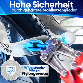 Sicheres Nextcover Kettenschloss im Härtetest: Hohe Sicherheit durch gehärtete Stahlkettenglieder und widerstandsfähiges Nylongewebe zum Schutz vor Bolzenschneidern.