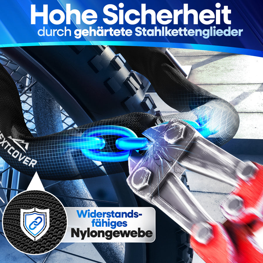 Sicheres Nextcover Kettenschloss im Härtetest: Hohe Sicherheit durch gehärtete Stahlkettenglieder und widerstandsfähiges Nylongewebe zum Schutz vor Bolzenschneidern.