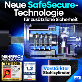 Nextcover Kettenschloss mit SafeSecure-Technology: Detailansicht des verstärkten Stahlstifts und Schlüsselmechanismus mit verstärktem Stahlzylinder für maximale Sicherheit – Testsieger mit Note 1,2 (Sehr Gut).