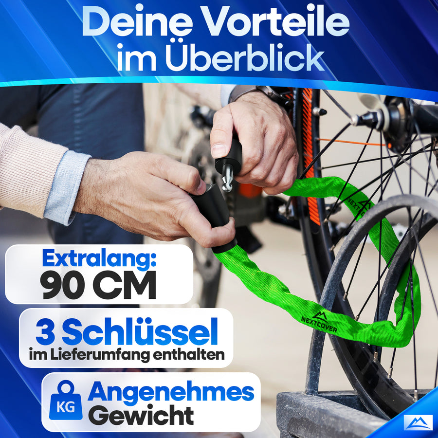 Extralanges Nextcover Kettenschloss (90 cm) für Fahrräder & E-Bikes – Hoher Diebstahlschutz durch 100.000 Code-Kombinationen und geringes Gewicht für den einfachen Transport.