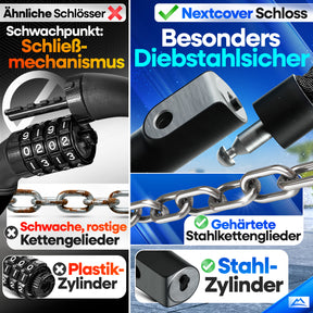 Qualitätsvergleich Nextcover Kettenschloss gegen herkömmliche Schlösser: Besonders diebstahlsicher durch Stahl-Zylinder und gehärtete Stahlkettenglieder statt Plastik-Komponenten und rostiger Glieder.