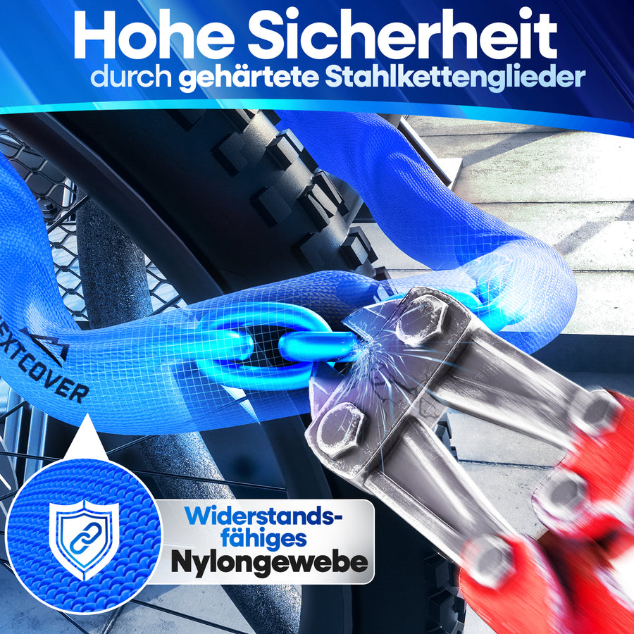 Sicheres Nextcover Kettenschloss im Härtetest: Hohe Sicherheit durch gehärtete Stahlkettenglieder und widerstandsfähiges Nylongewebe zum Schutz vor Bolzenschneidern.