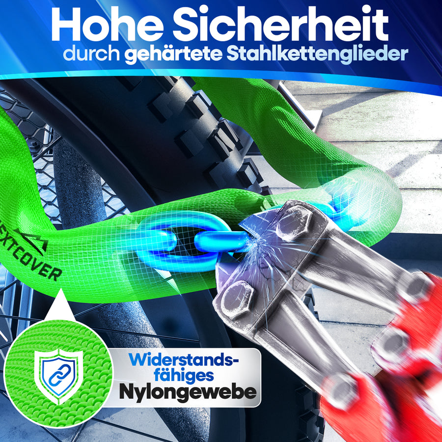 Sicheres Nextcover Kettenschloss im Härtetest: Hohe Sicherheit durch gehärtete Stahlkettenglieder und widerstandsfähiges Nylongewebe zum Schutz vor Bolzenschneidern.