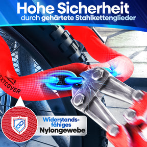 Sicheres Nextcover Kettenschloss im Härtetest: Hohe Sicherheit durch gehärtete Stahlkettenglieder und widerstandsfähiges Nylongewebe zum Schutz vor Bolzenschneidern.